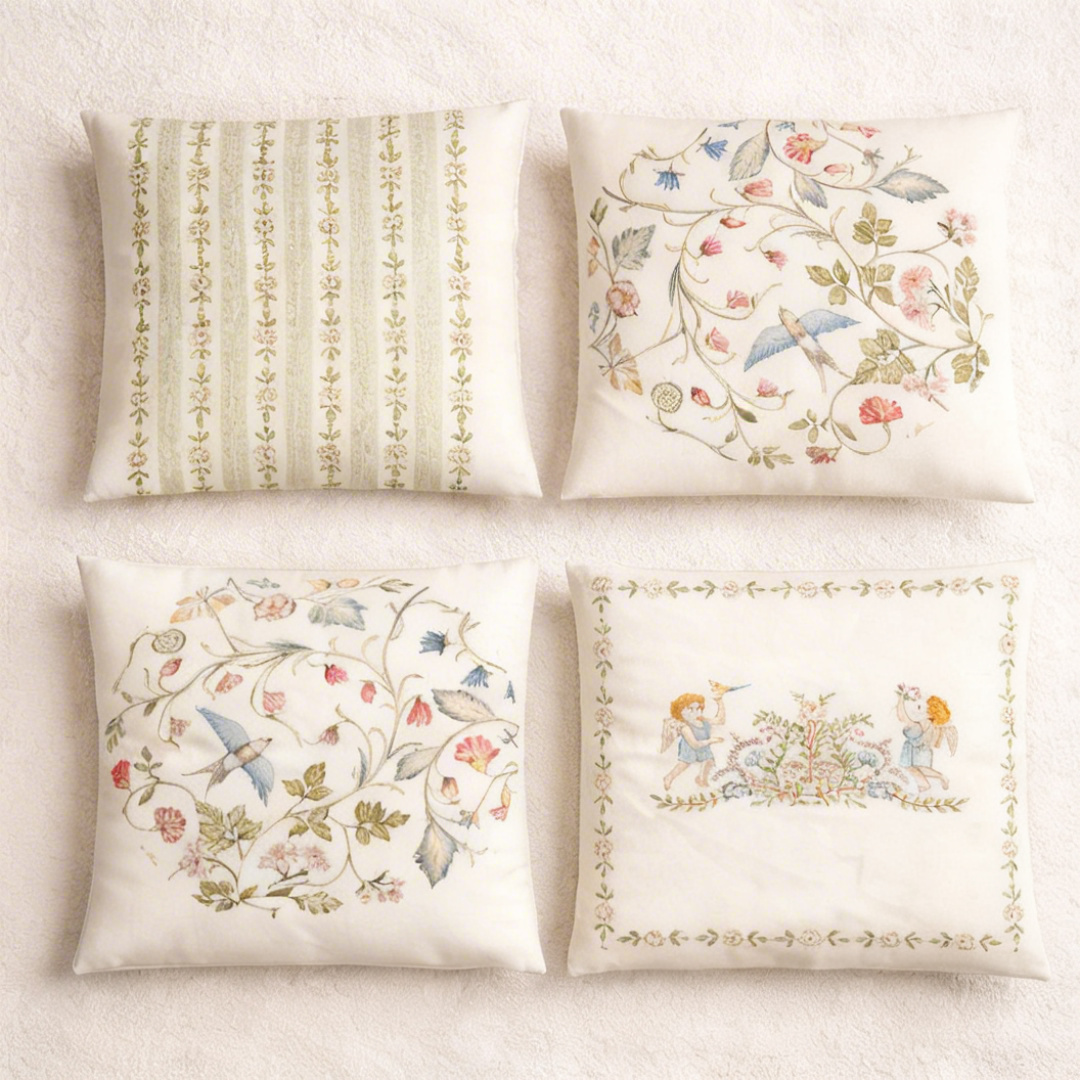 Green Cozy  Birds and Floral Pattern Cushion Cover Pack of 4