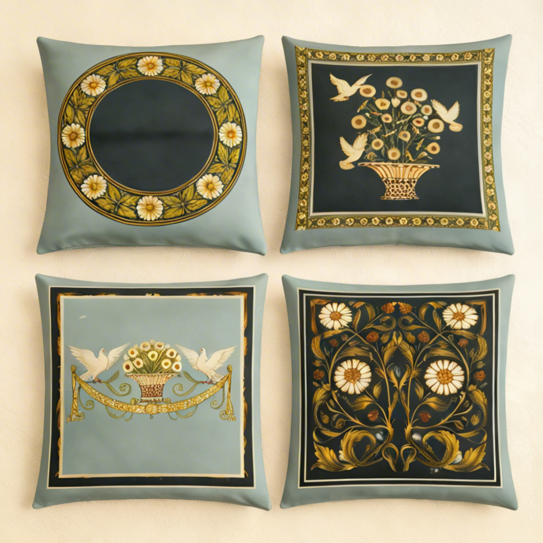 French White Birds and Flowers Cushion Cover Pack of 4