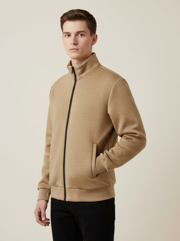 Stylish Puffer Zipper Mockneck Jacket For Men-Light Brown Melange-BRPH20