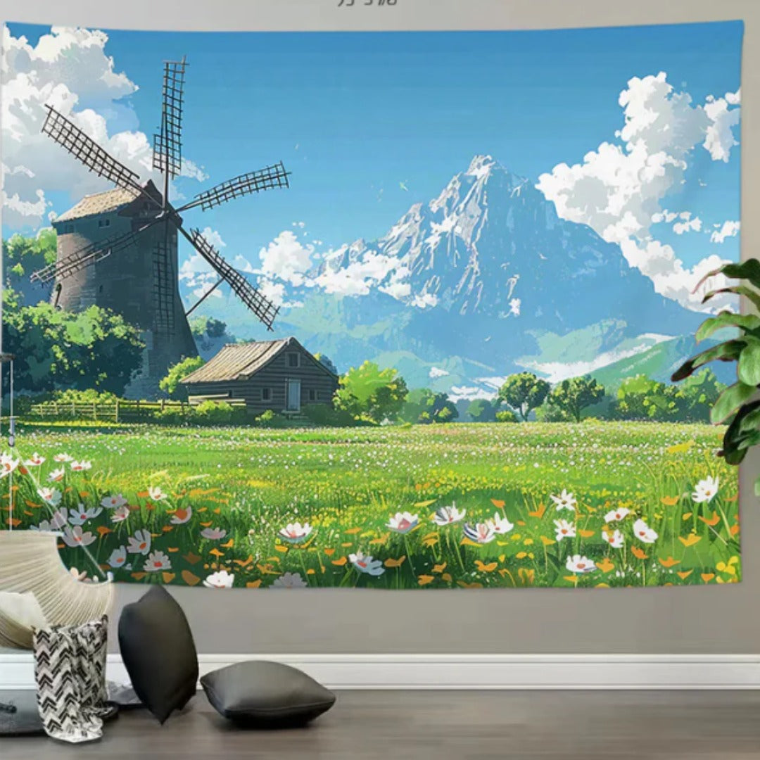 Windmill Meadow with Mountain View Tapestry
