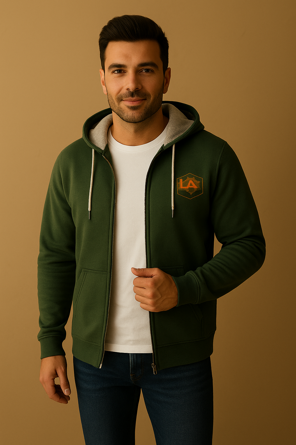 Men's Forest Green Zip-Up Hoodie – Classic Fit with Embroidered Logo