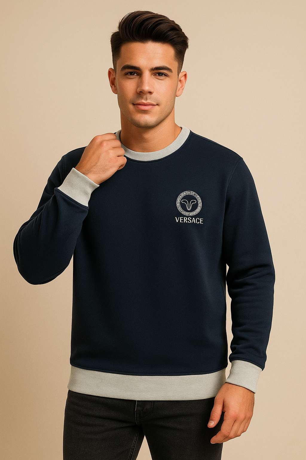 VERSACE Fleece Funky Style Sweatshirt For Men-Navy with Gery-BR14504