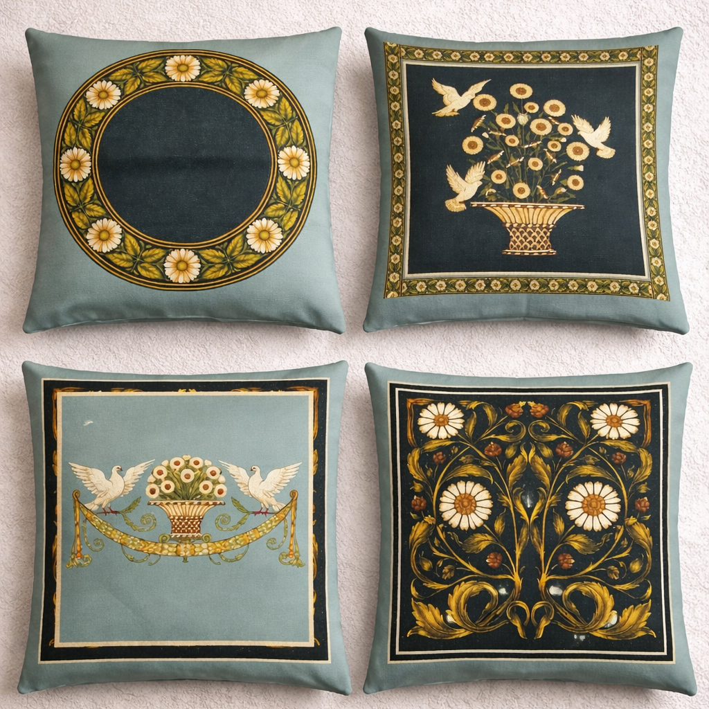 French White Birds and Flowers Cushion Cover Pack of 4