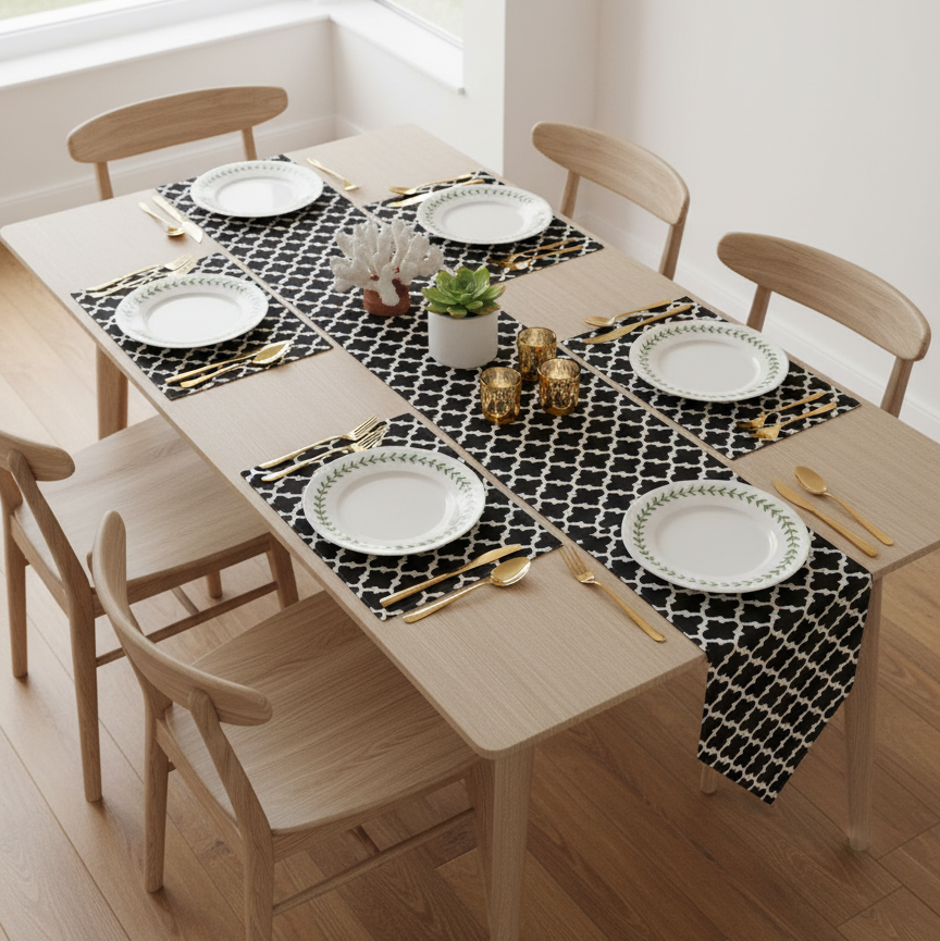 Black and White Triangle Table Runner with Mats