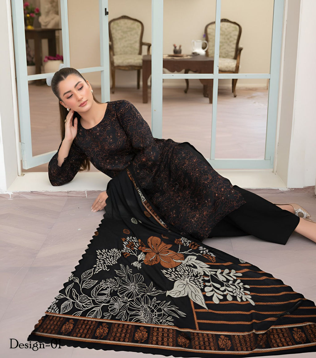 Mah Paara – Design 01 | 3-Piece Embroidered Slub Viscose Suit with Jacquard Shawl