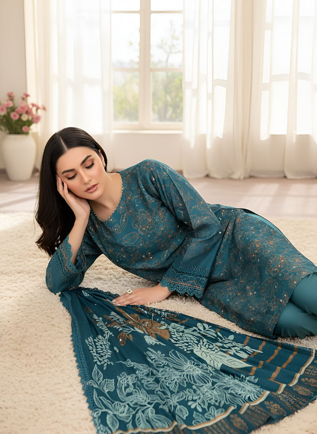 Mah Paara – Design 02 | 3-Piece Embroidered Slub Viscose Suit with Jacquard Shawl