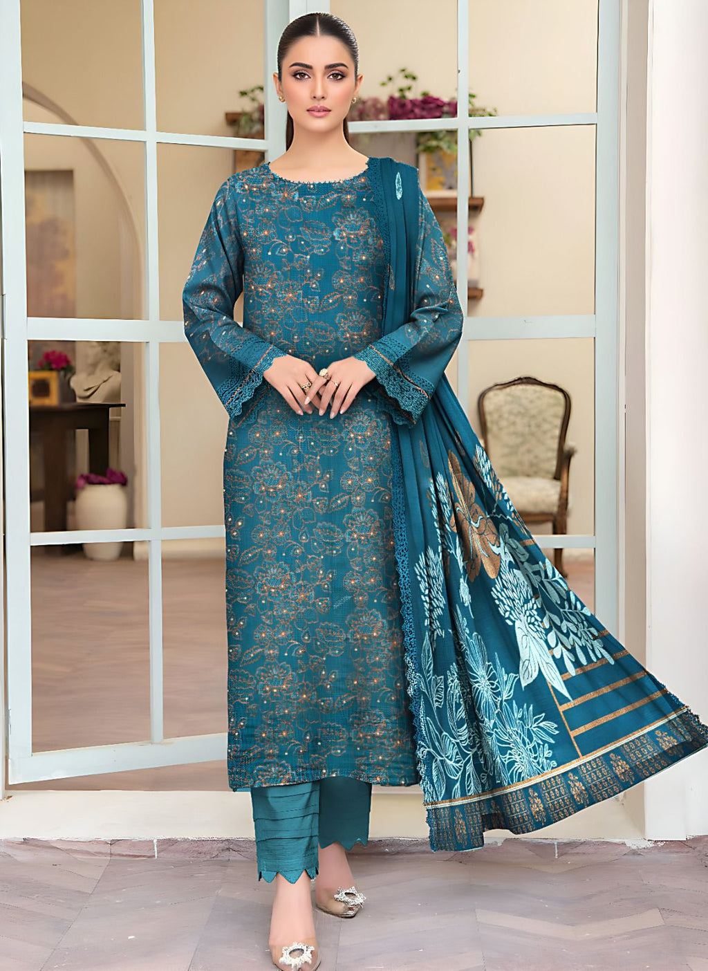 Mah Paara – Design 02 | 3-Piece Embroidered Slub Viscose Suit with Jacquard Shawl
