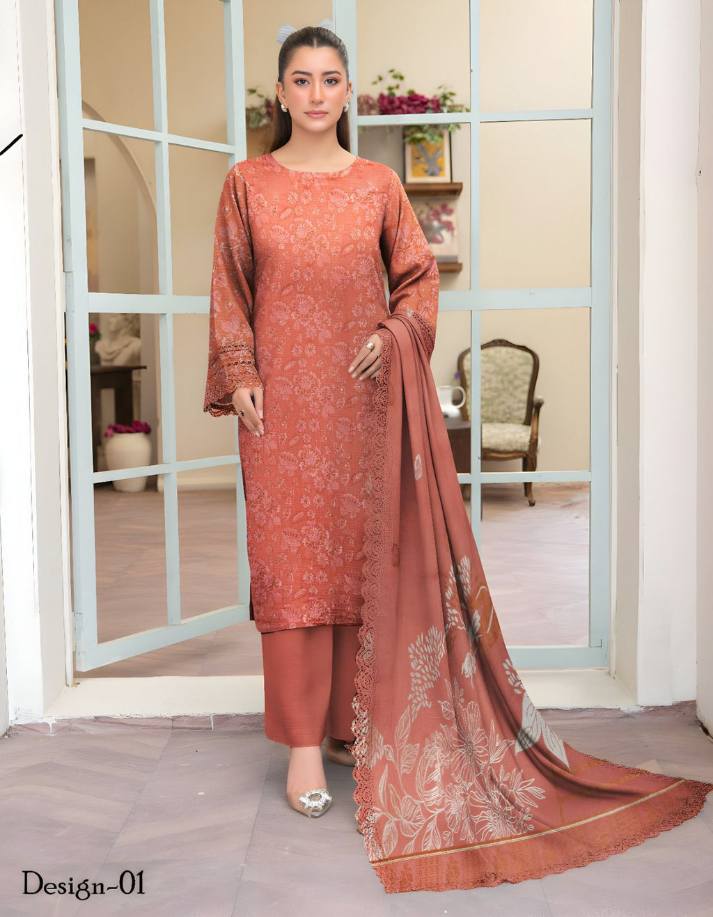 Mah Paara – Design 04 | 3-Piece Embroidered Slub Viscose Suit with Jacquard Shawl