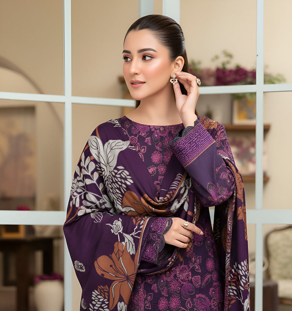 Mah Paara – Design 03 | 3-Piece Embroidered Slub Viscose Suit with Jacquard Shawl