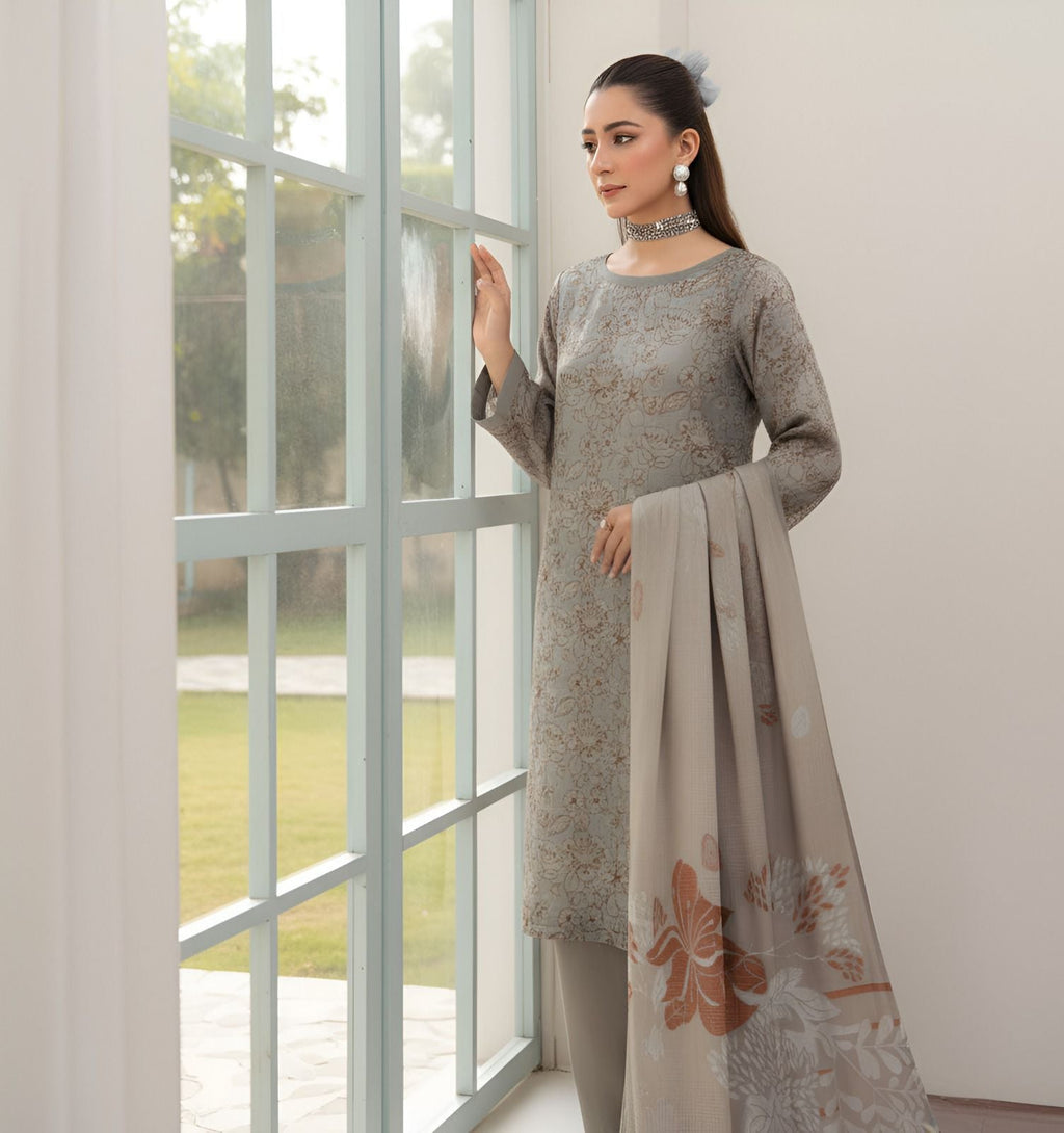 Mah Paara – Design 05 | 3-Piece Embroidered Slub Viscose Suit with Jacquard Shawl