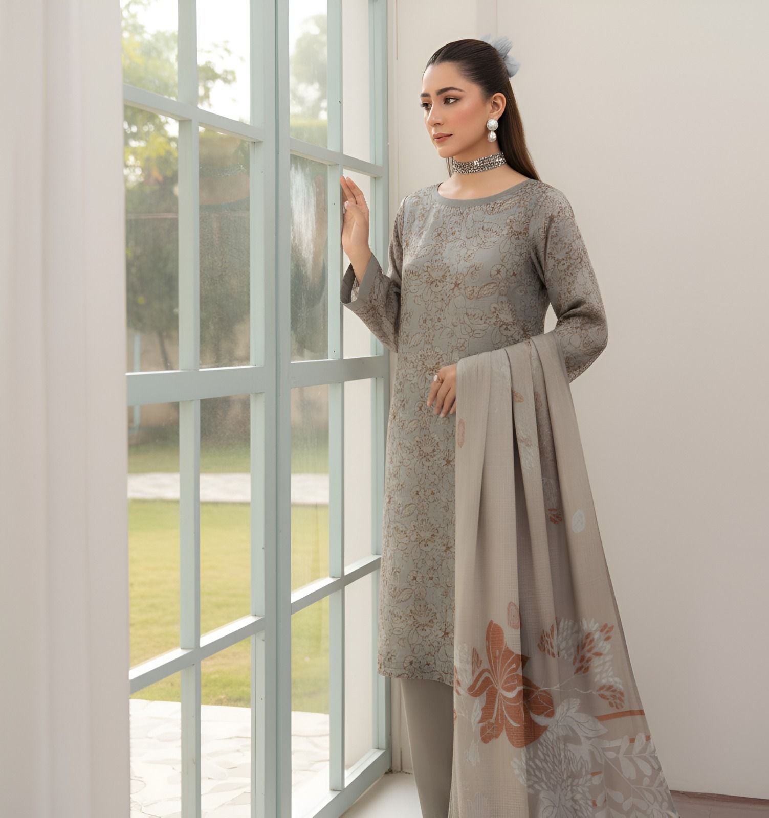 Mah Paara – Design 05 | 3-Piece Embroidered Slub Viscose Suit with Jacquard Shawl
