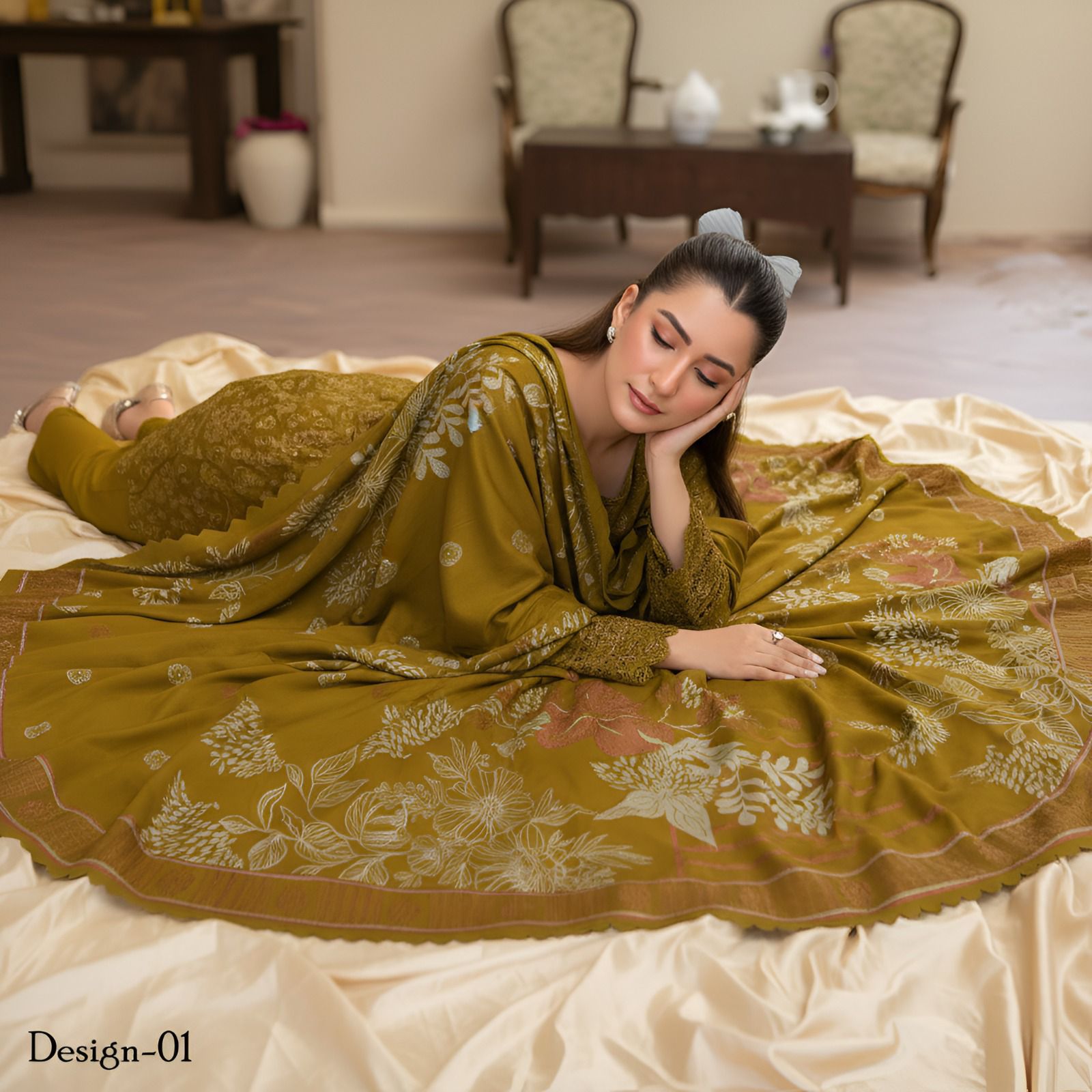 Mah Paara – Design 08 | 3-Piece Embroidered Slub Viscose Suit with Jacquard Shawl