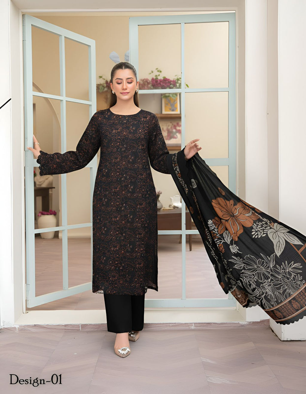 Mah Paara – Design 01 | 3-Piece Embroidered Slub Viscose Suit with Jacquard Shawl