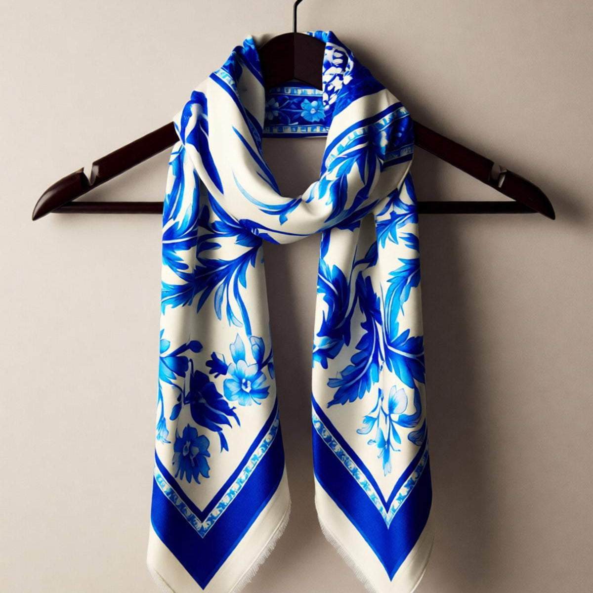 Blue and White Floral Printed Silk Scarf